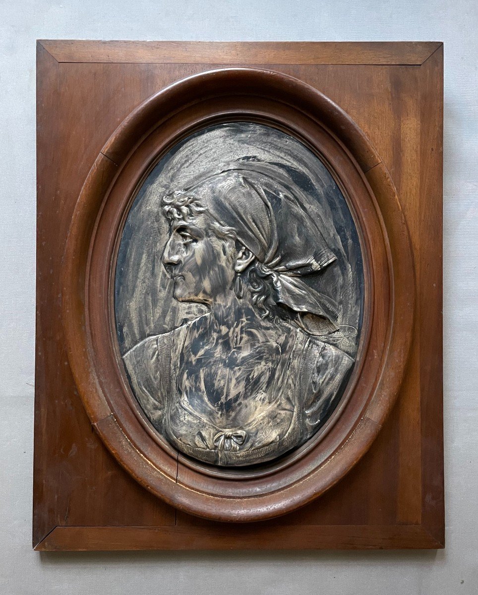 Léopold Harze, Grande Plaque Médaillon, Profil De Femme, Bronze Argenté