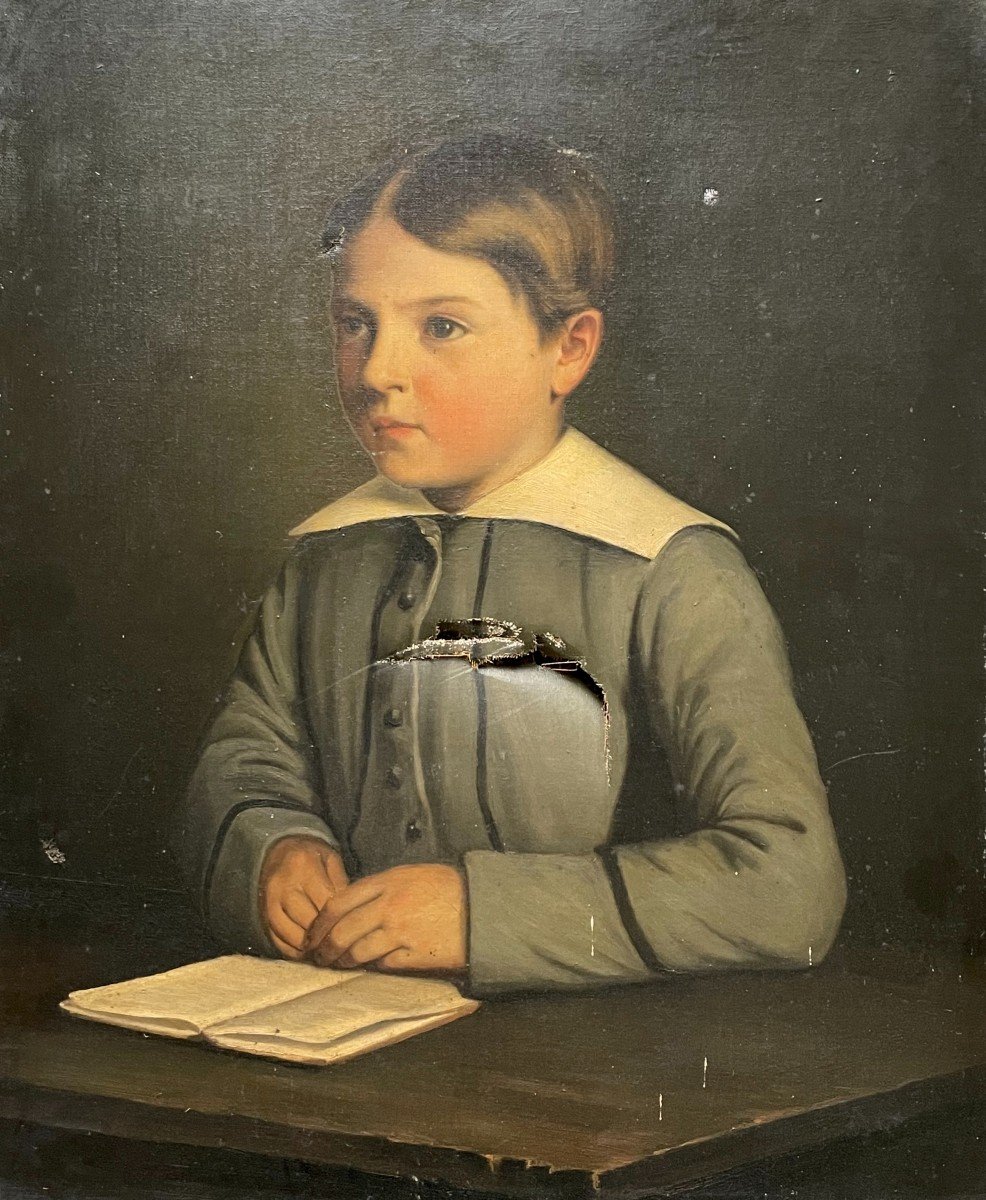 Portrait De Jeune Garçon, Huile Sur Toile XIXe