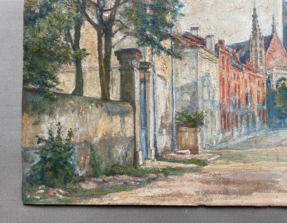 Rue De l'église, Gouache On Cardboard, Early 20th Century-photo-2