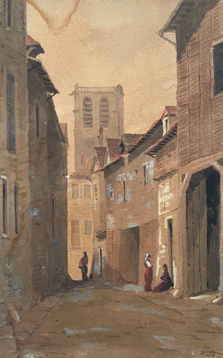 Characters In A Street, Watercolor Signed L. Petit