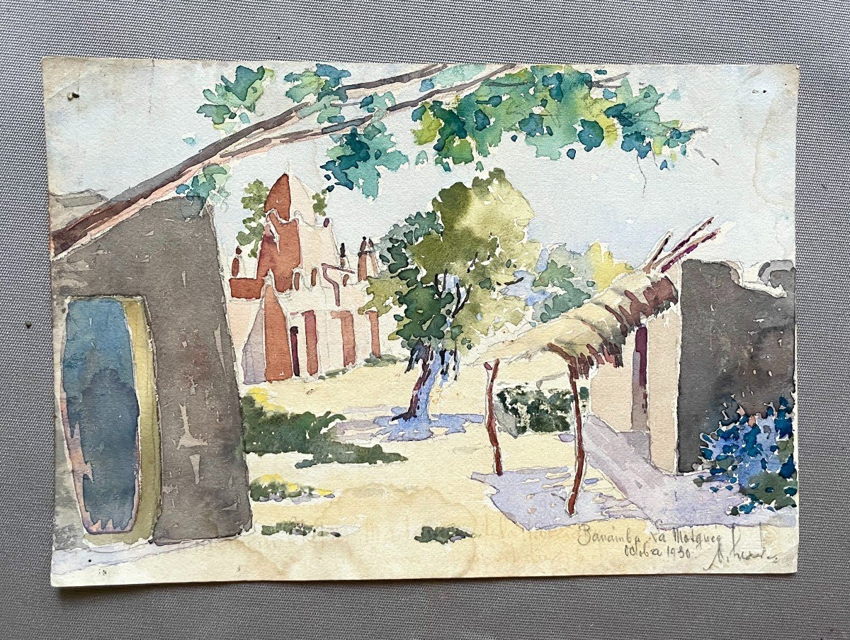 Mali, The Mosque Of Banamba, Watercolor Signed And Dated 1930-photo-2