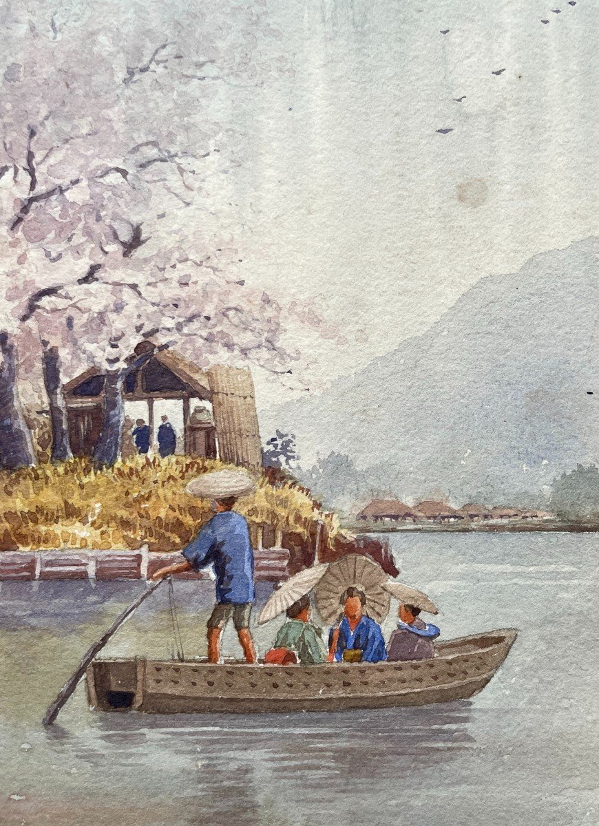 Promenade En Barque Au Japon, Aquarelle Début XXe-photo-3