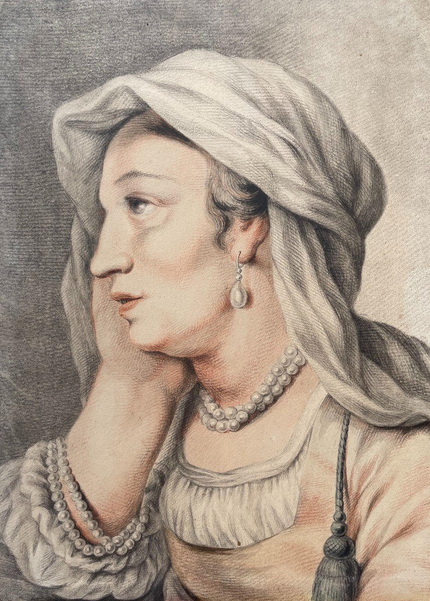 Woman With Jewelry In Profile, Drawing With Three Pencils