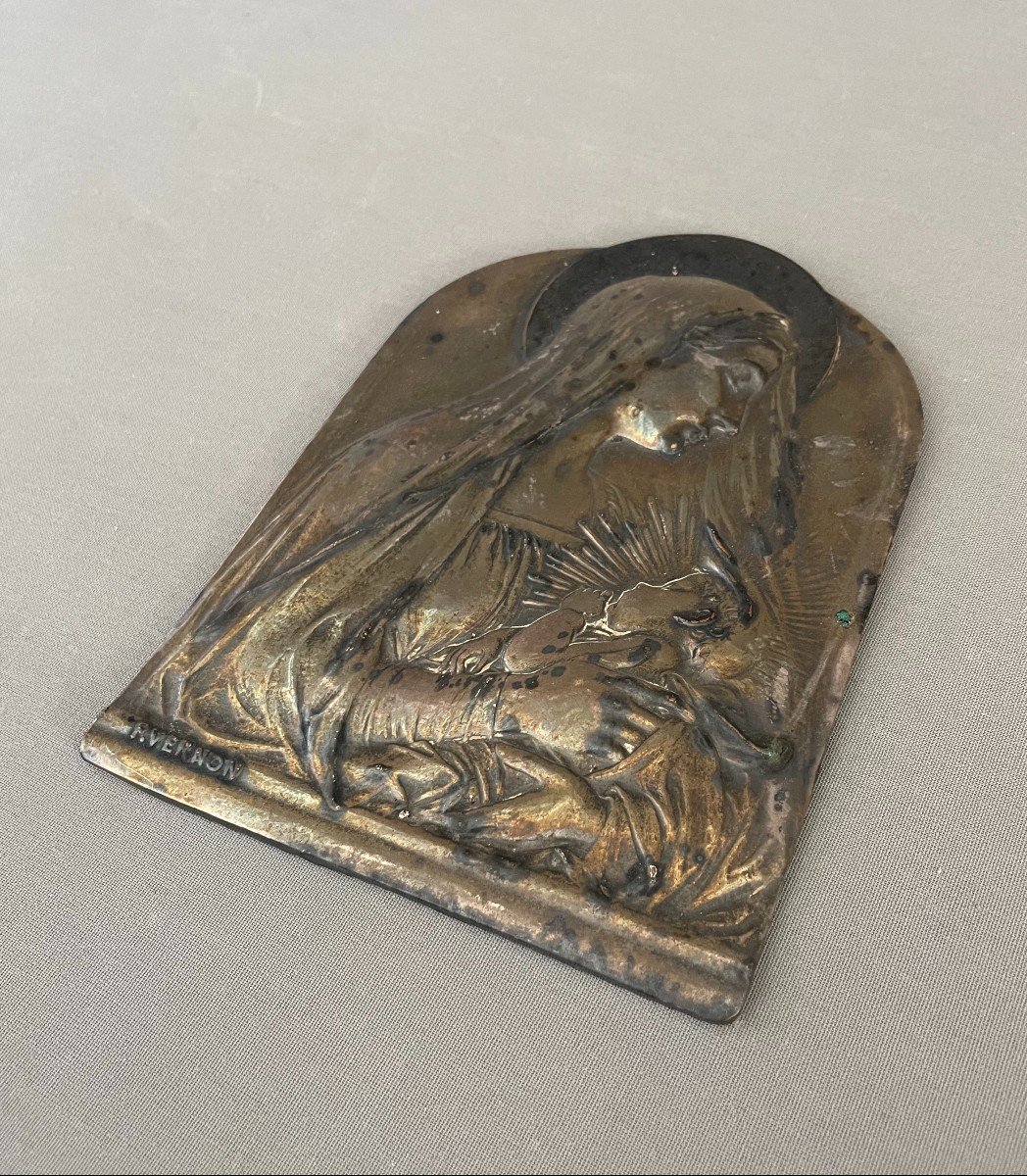 Frédéric Charles De Vernon, Virgin And Child, Repoussé Silver Metal Plate-photo-3