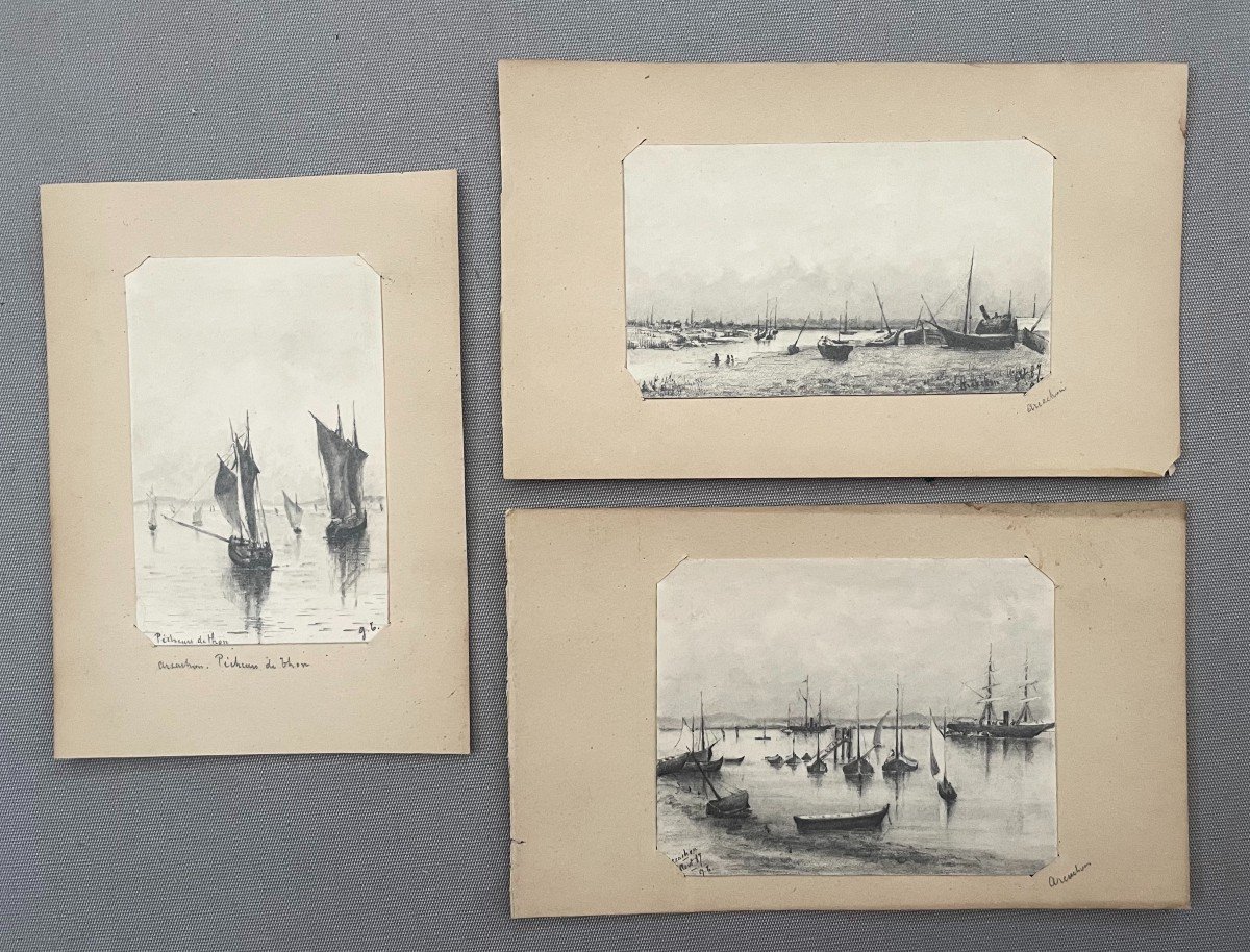 Arcachon, Tuna Fishermen, 3 Drawings, Late 19th Century