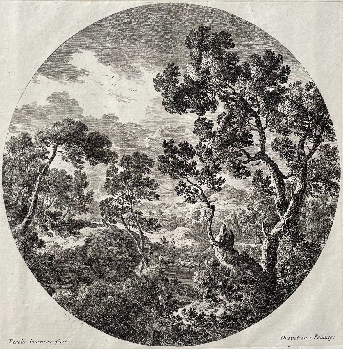 Animated Landscape, Engraving By Drevet After Perelle