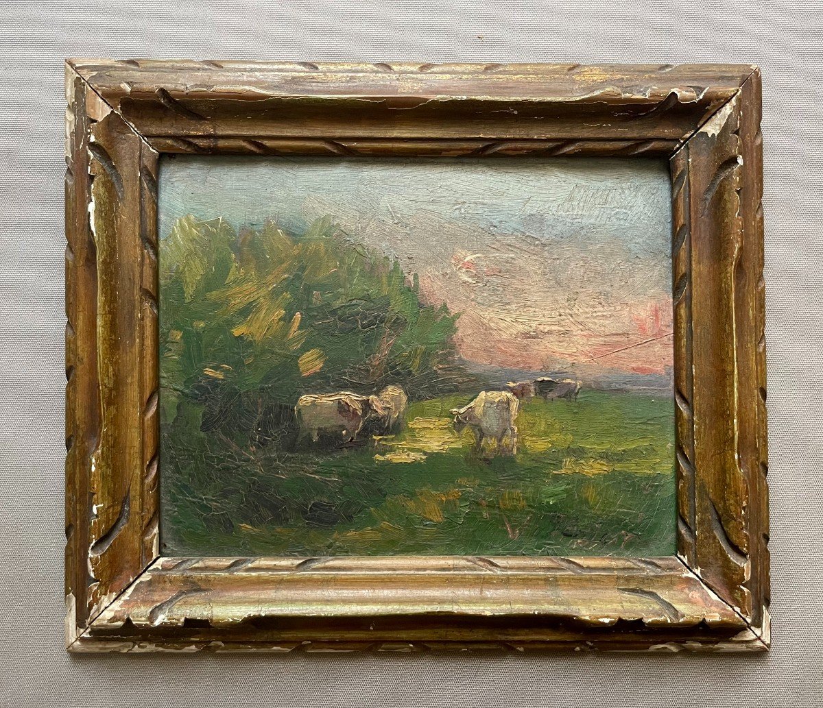 Cows At Sunset, Oil On Cardboard, Signature To Be Identified-photo-2