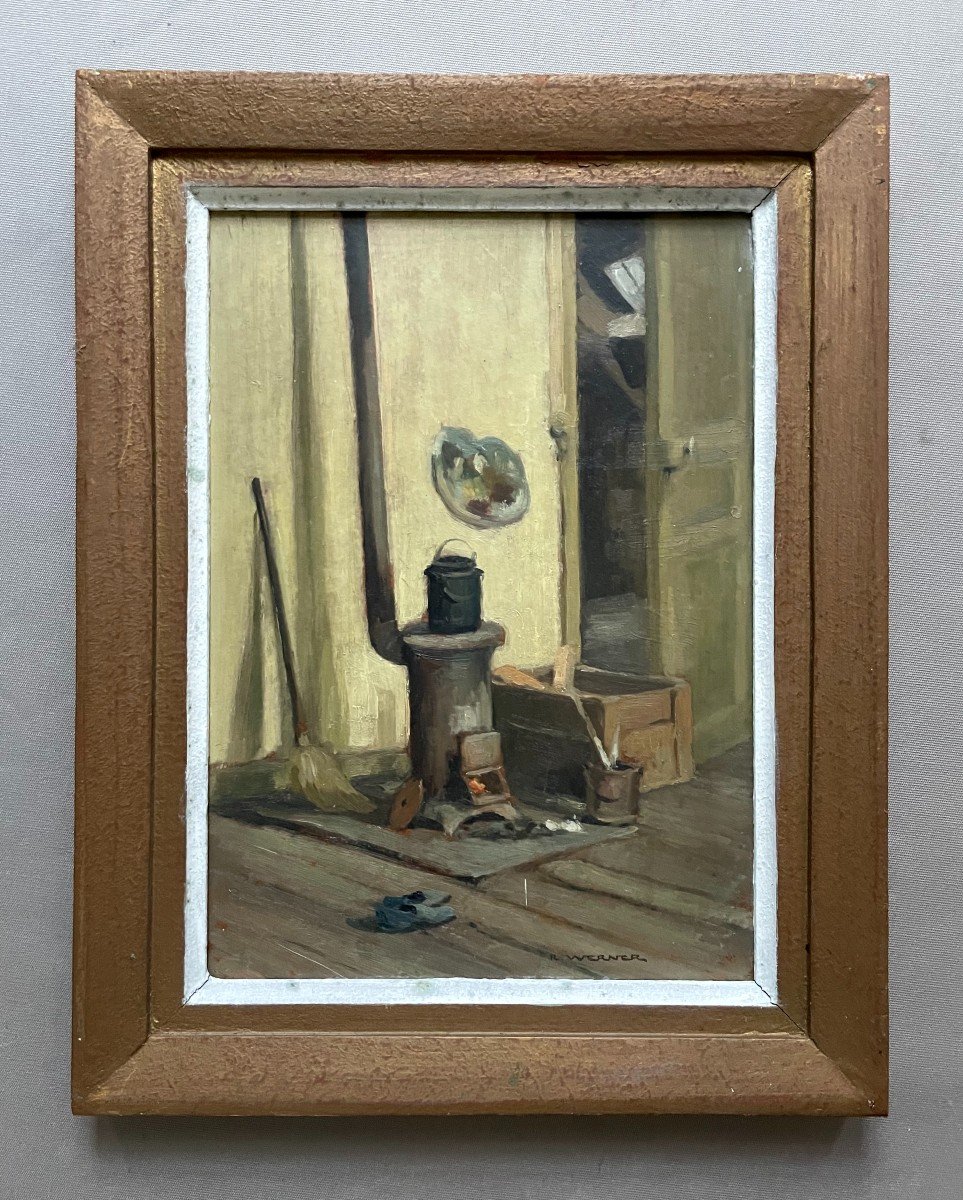 Le Poêle Dans l'Atelier Du Peintre, Huile Sur Panneau Signée R. Werner-photo-2