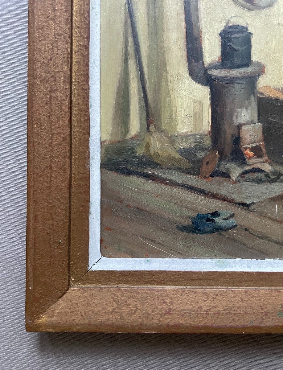 Le Poêle Dans l'Atelier Du Peintre, Huile Sur Panneau Signée R. Werner-photo-3