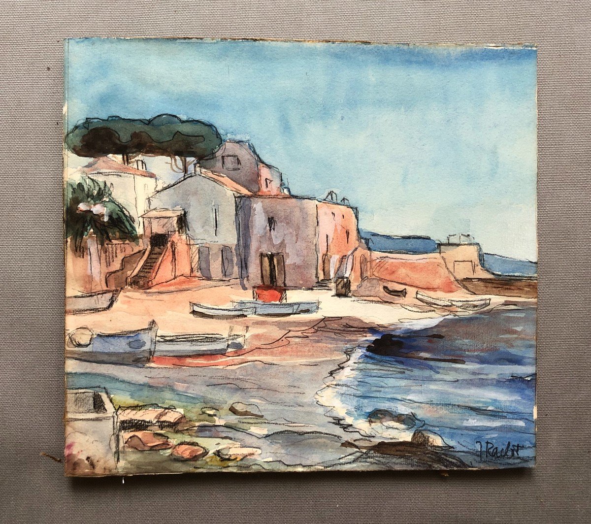  Port Méditerranéen, Aquarelle, Signature à Identifier -photo-2