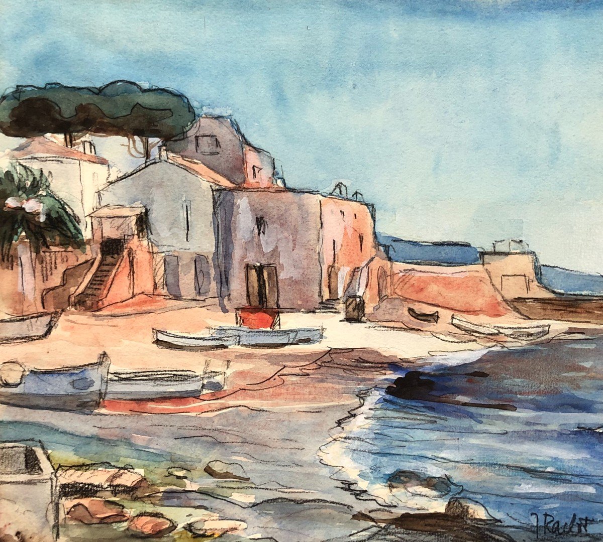  Port Méditerranéen, Aquarelle, Signature à Identifier 