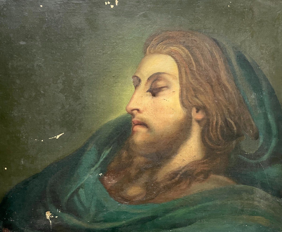 Christ With Closed Eyes, Oil On Canvas 19th Century