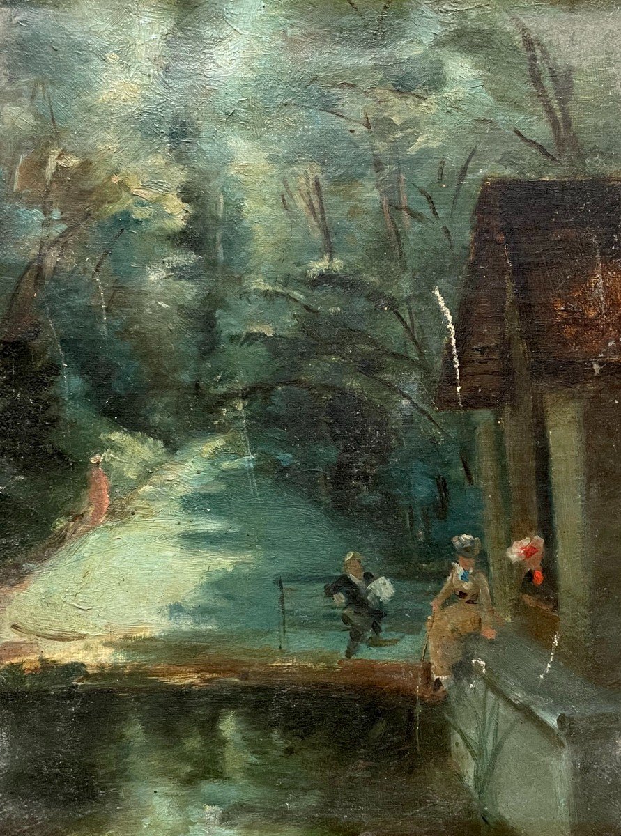 Promenade Au Bord De l'Eau, Huile Sur Toile Début XXe