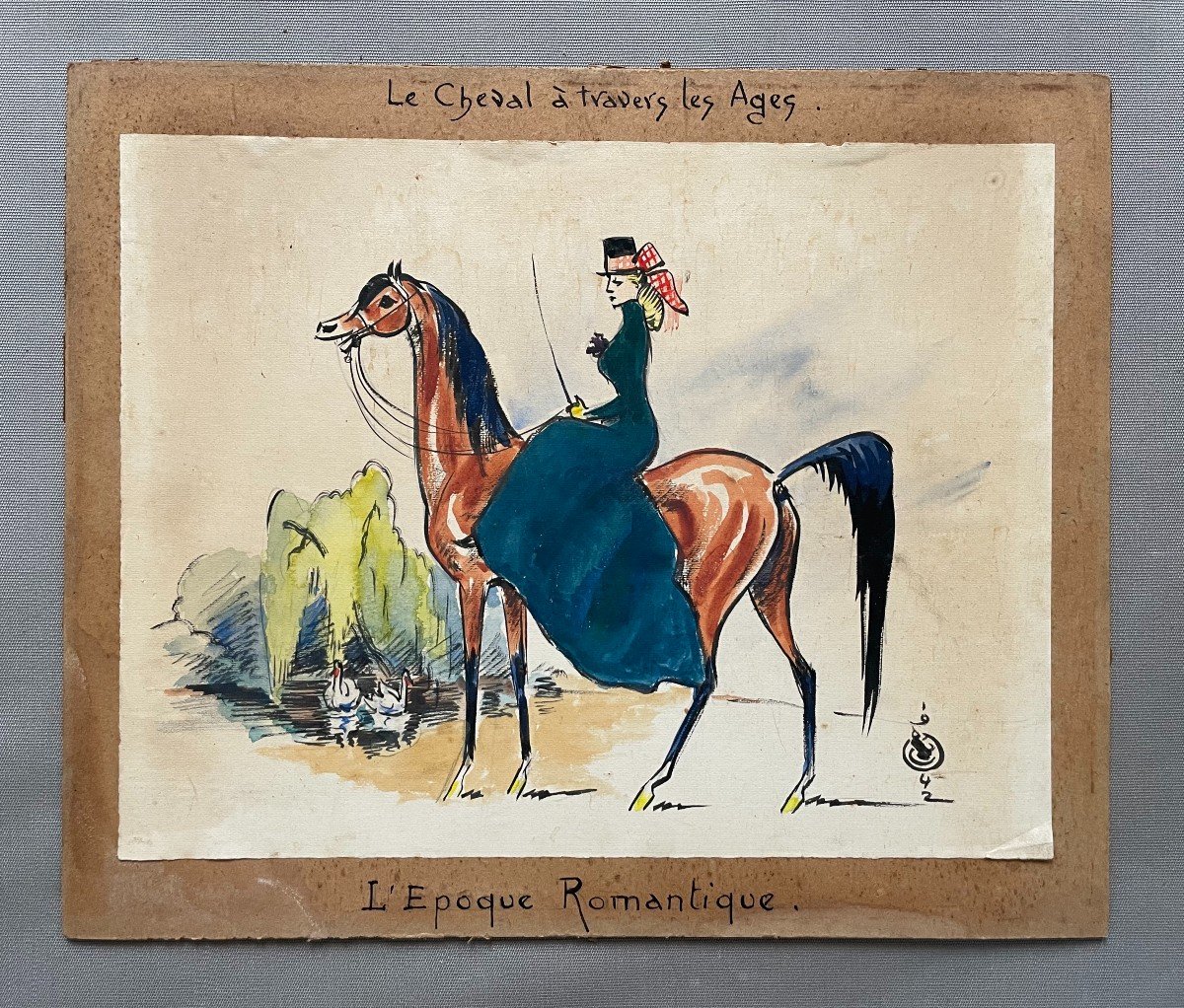 Horsewoman, Watercolor Monogrammed And Dated 1942-photo-2