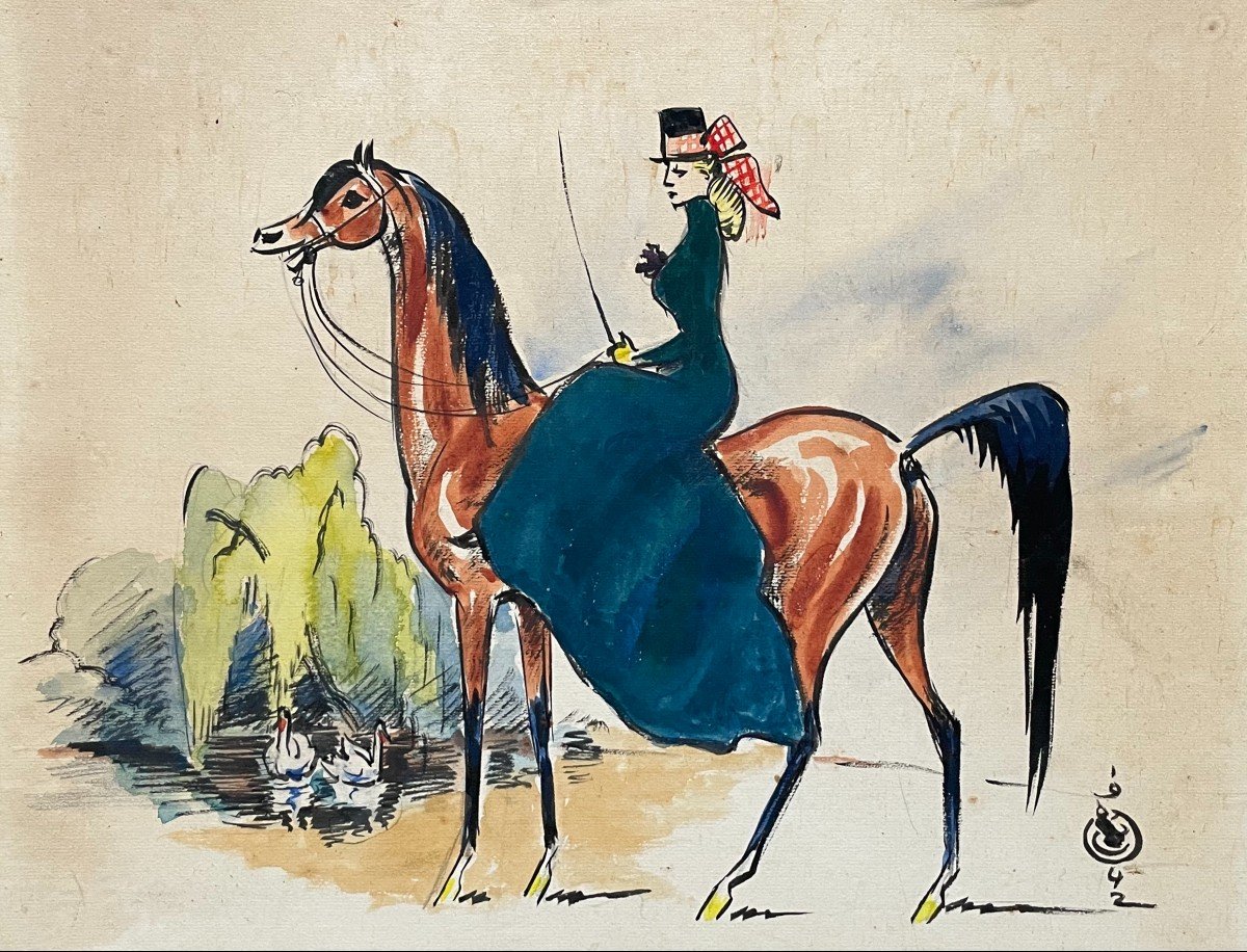 Horsewoman, Watercolor Monogrammed And Dated 1942