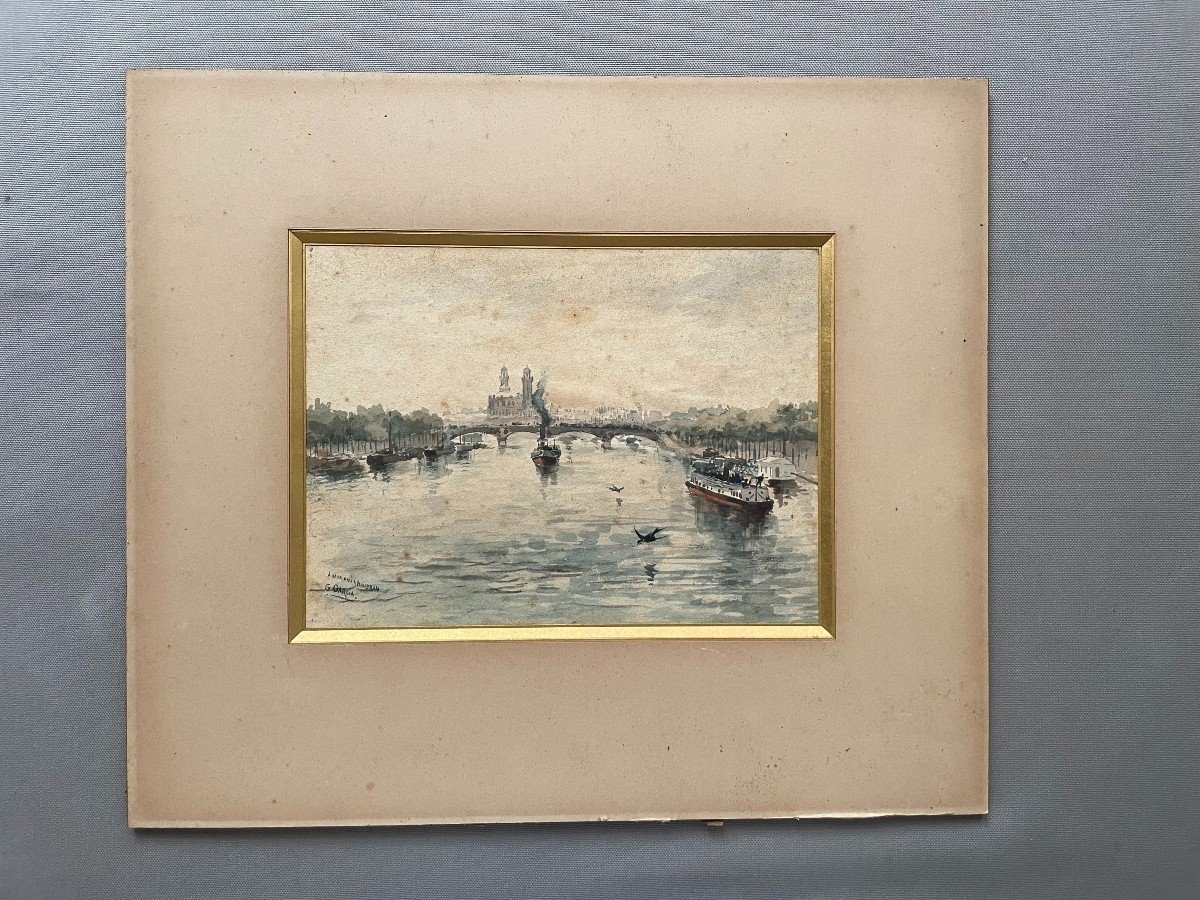 View Of The Seine In Paris, Watercolor Signed G. Garcia-photo-2