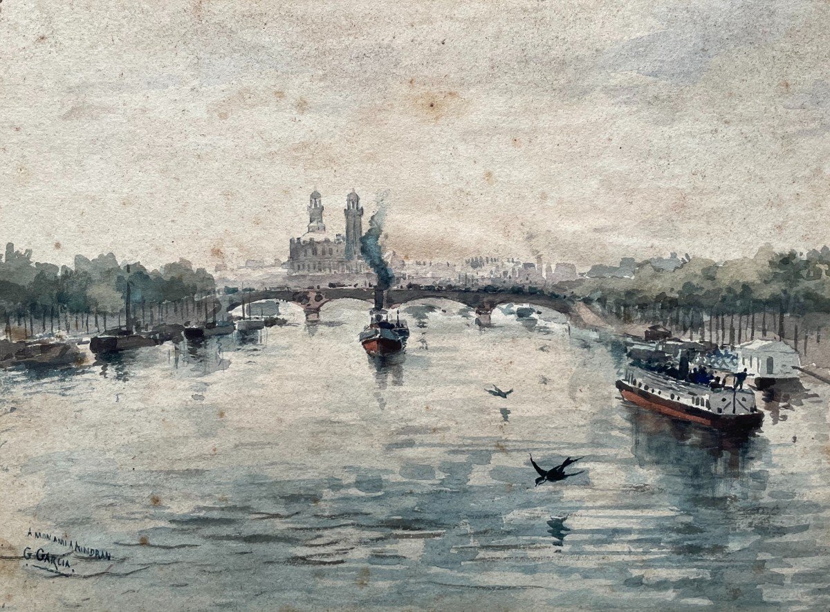 View Of The Seine In Paris, Watercolor Signed G. Garcia