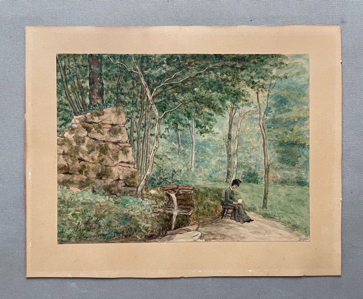 Fox Fountain, Watercolor Monogrammed And Dated 1875-photo-2