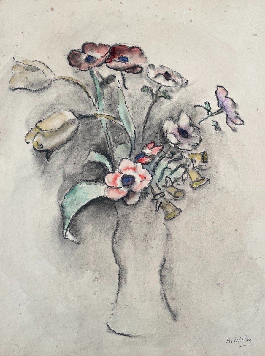 Maurice Asselin, Bouquet d'Anémones, Craie Noire Et Aquarelle