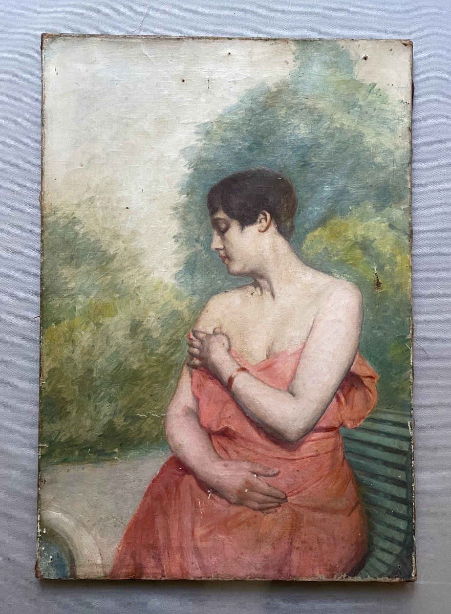 Portrait Of A Woman On A Bench, Oil On Canvas, Early 20th Century-photo-2