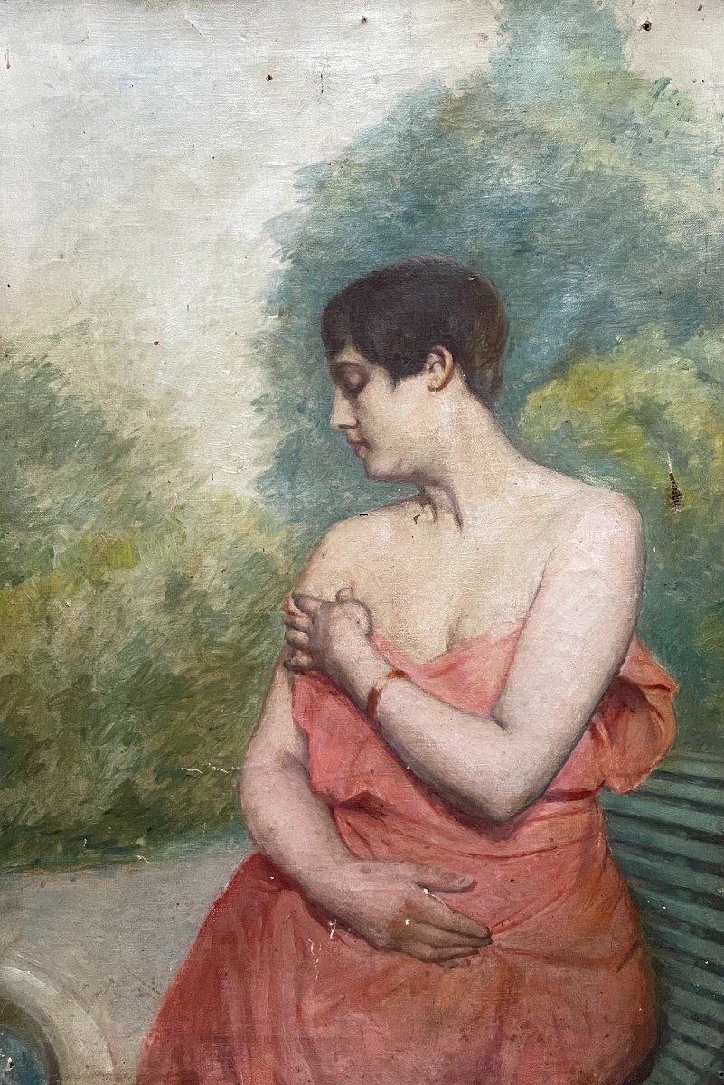 Portrait Of A Woman On A Bench, Oil On Canvas, Early 20th Century