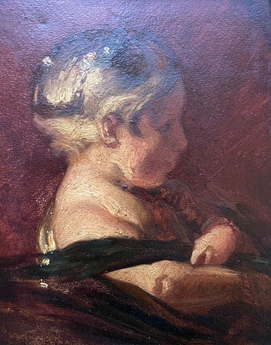 Young Girl In Profile, Oil On Panel, 19th Century School-photo-2