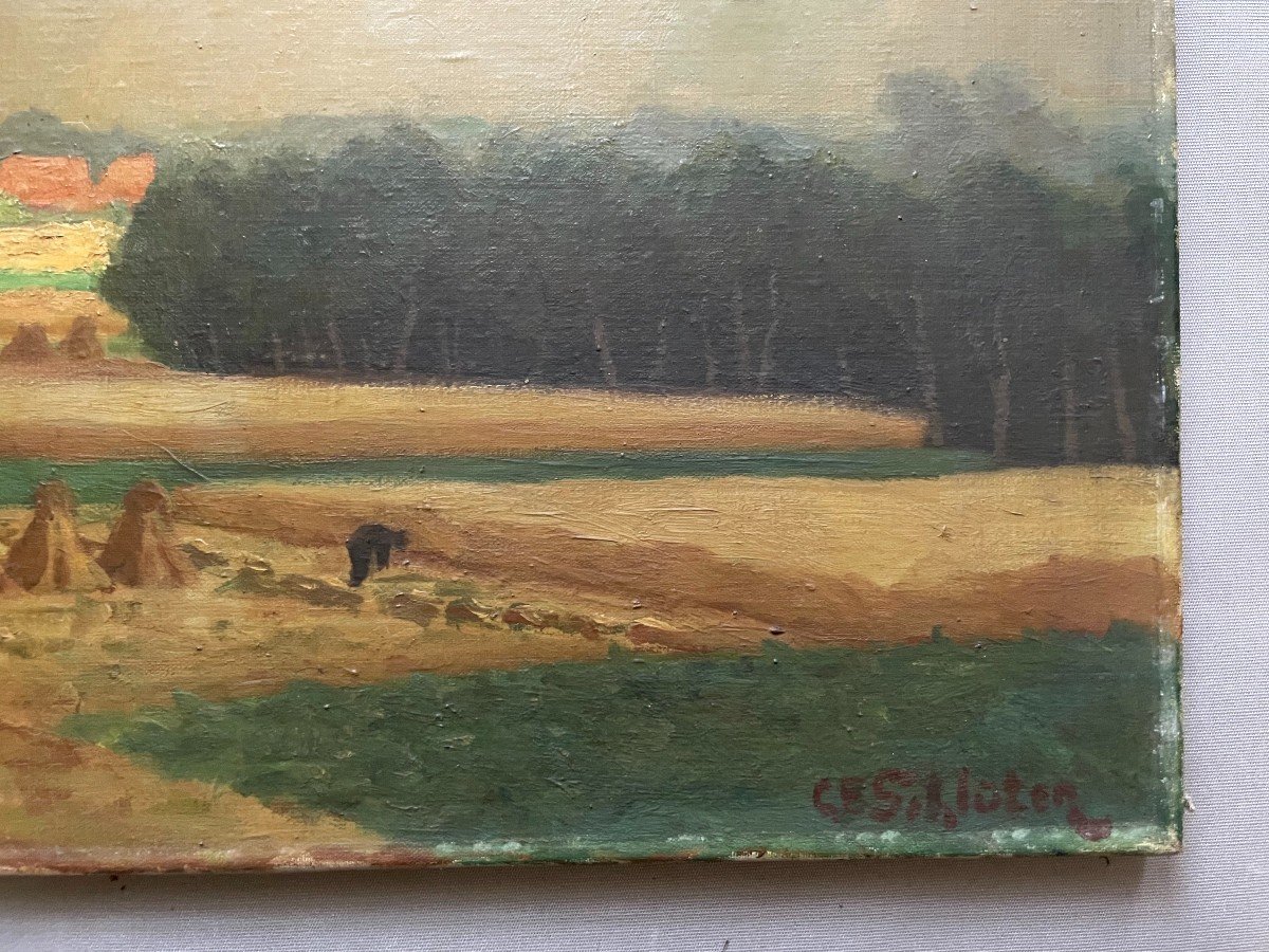 Paysage De Moisson, Huile Sur Toile, Signature à Identifier-photo-2