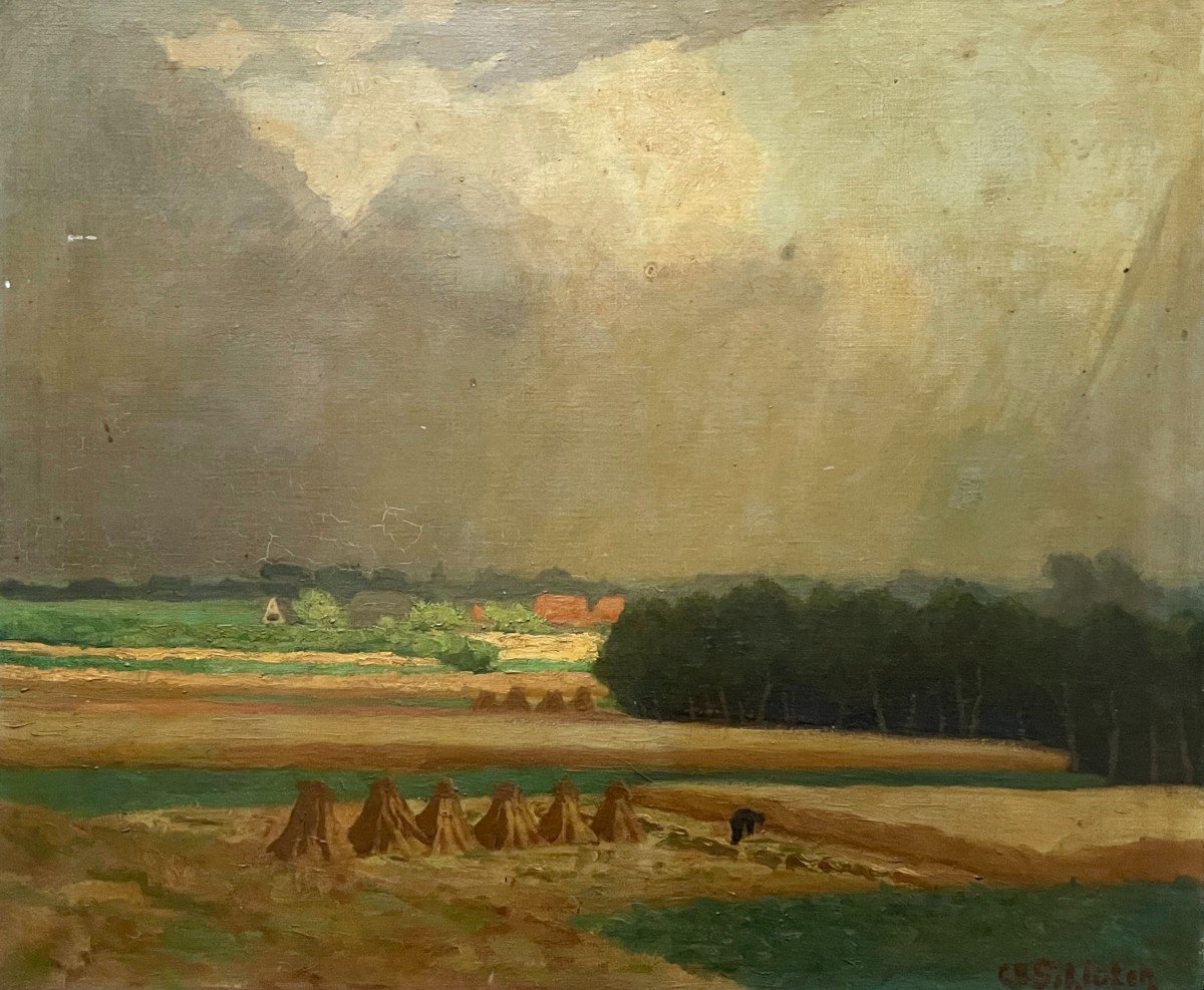 Paysage De Moisson, Huile Sur Toile, Signature à Identifier