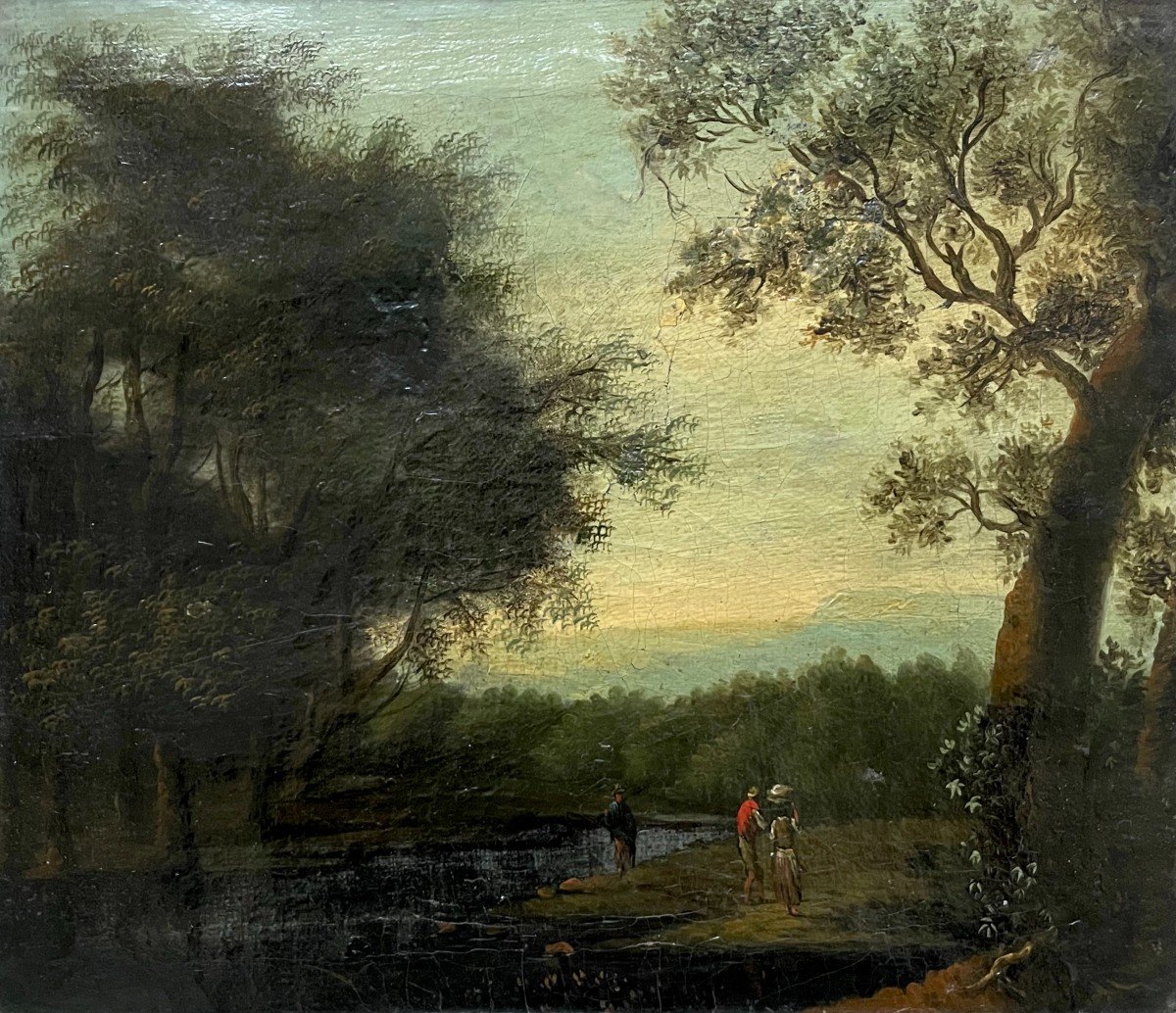 Animated Scene At The Water's Edge, Small Oil On Canvas, 19th Century