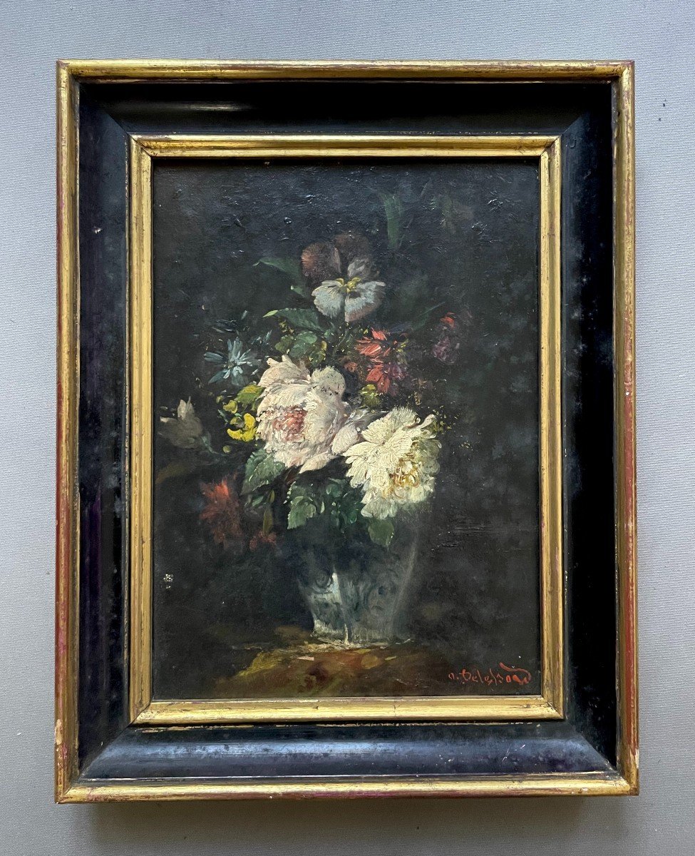 Bouquet De Fleurs Dans Un Vase, Huile Sur Toile, XIXe