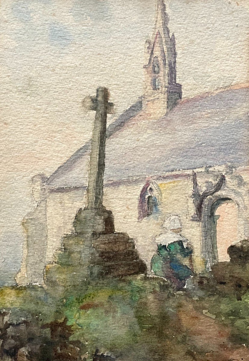 Eglise Bretonne, Aquarelle Début XXe-photo-2