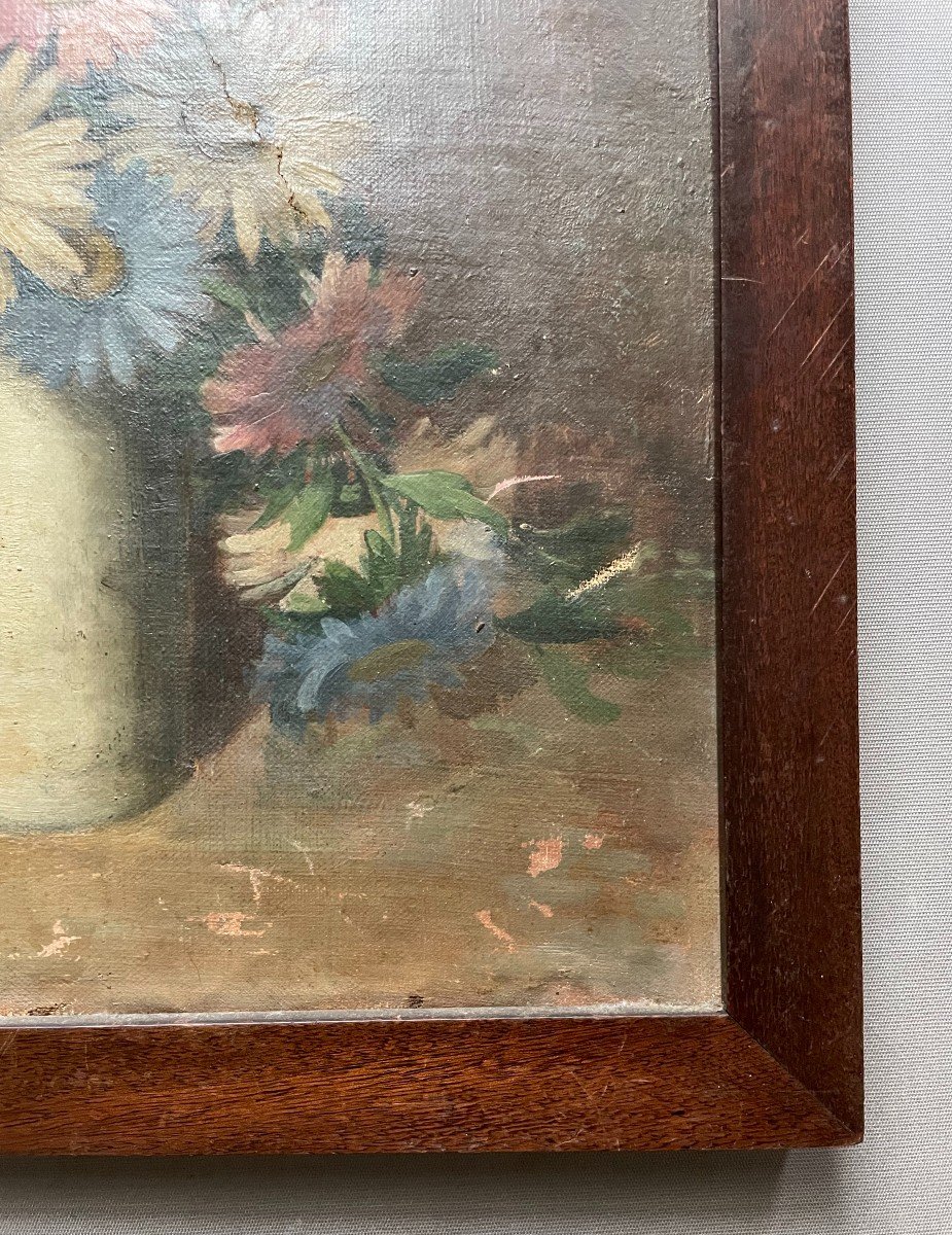 Bouquet De Fleurs Dans Un Vase, Huile Sur Toile Début XXe à Restaurer-photo-1