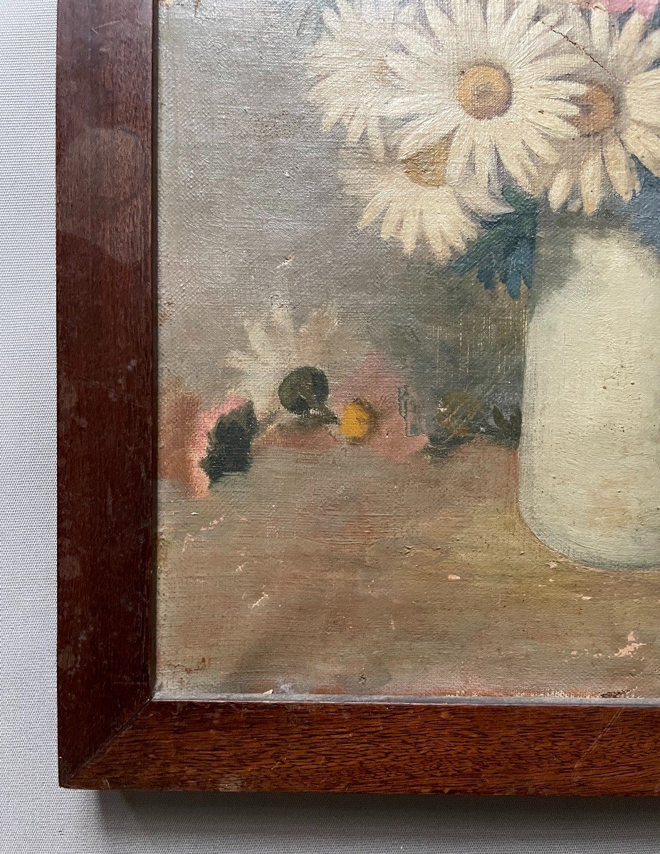 Bouquet De Fleurs Dans Un Vase, Huile Sur Toile Début XXe à Restaurer-photo-2