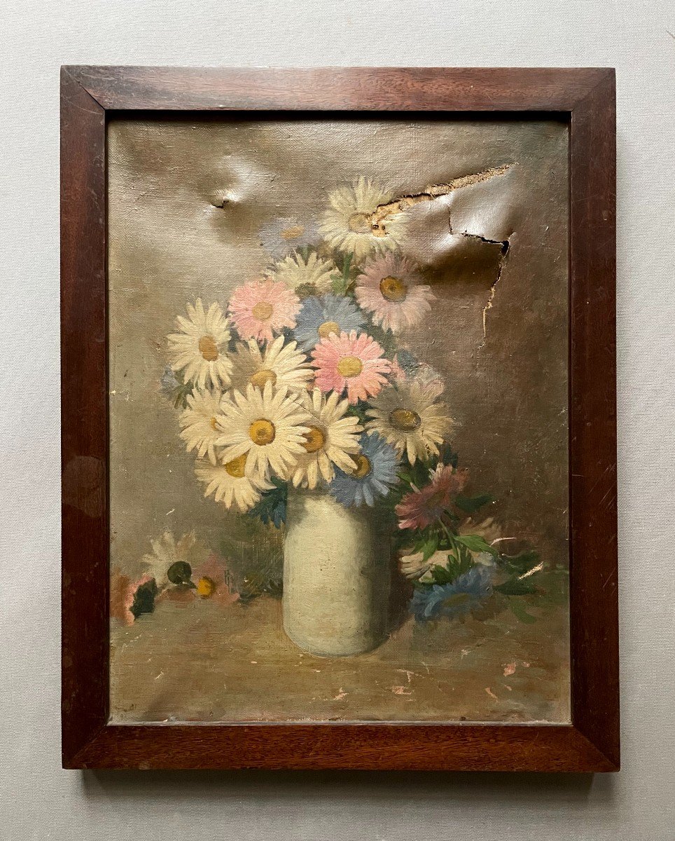 Bouquet De Fleurs Dans Un Vase, Huile Sur Toile Début XXe à Restaurer