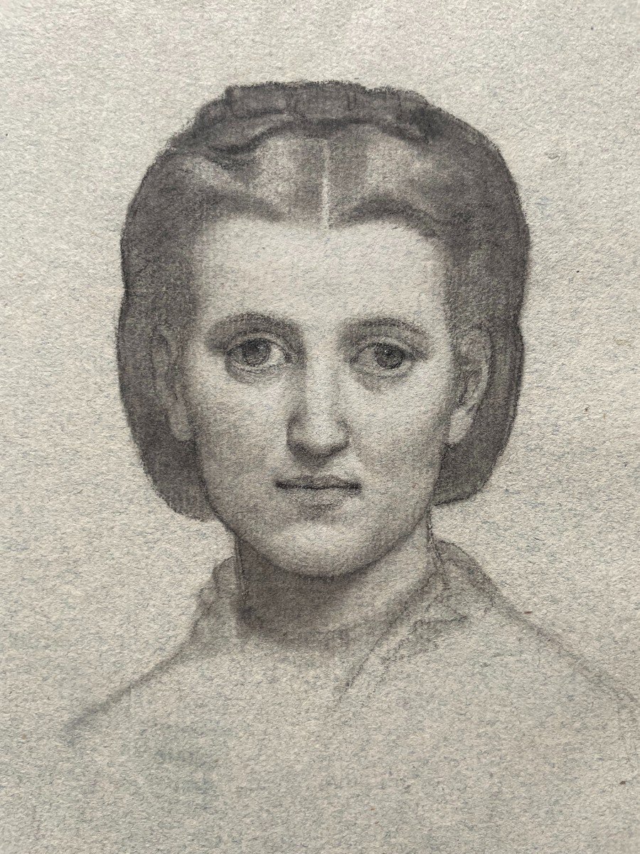 Portrait Of A Woman, 19th Century Black Stone Drawing-photo-3