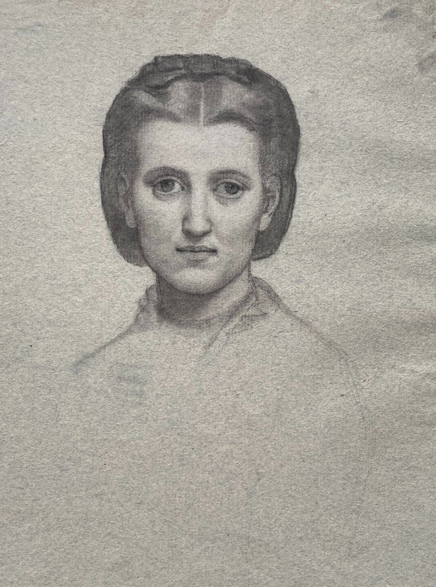 Portrait Of A Woman, 19th Century Black Stone Drawing