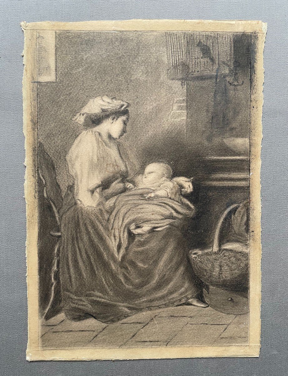 Woman Breastfeeding A Child, 19th Century Drawing-photo-2