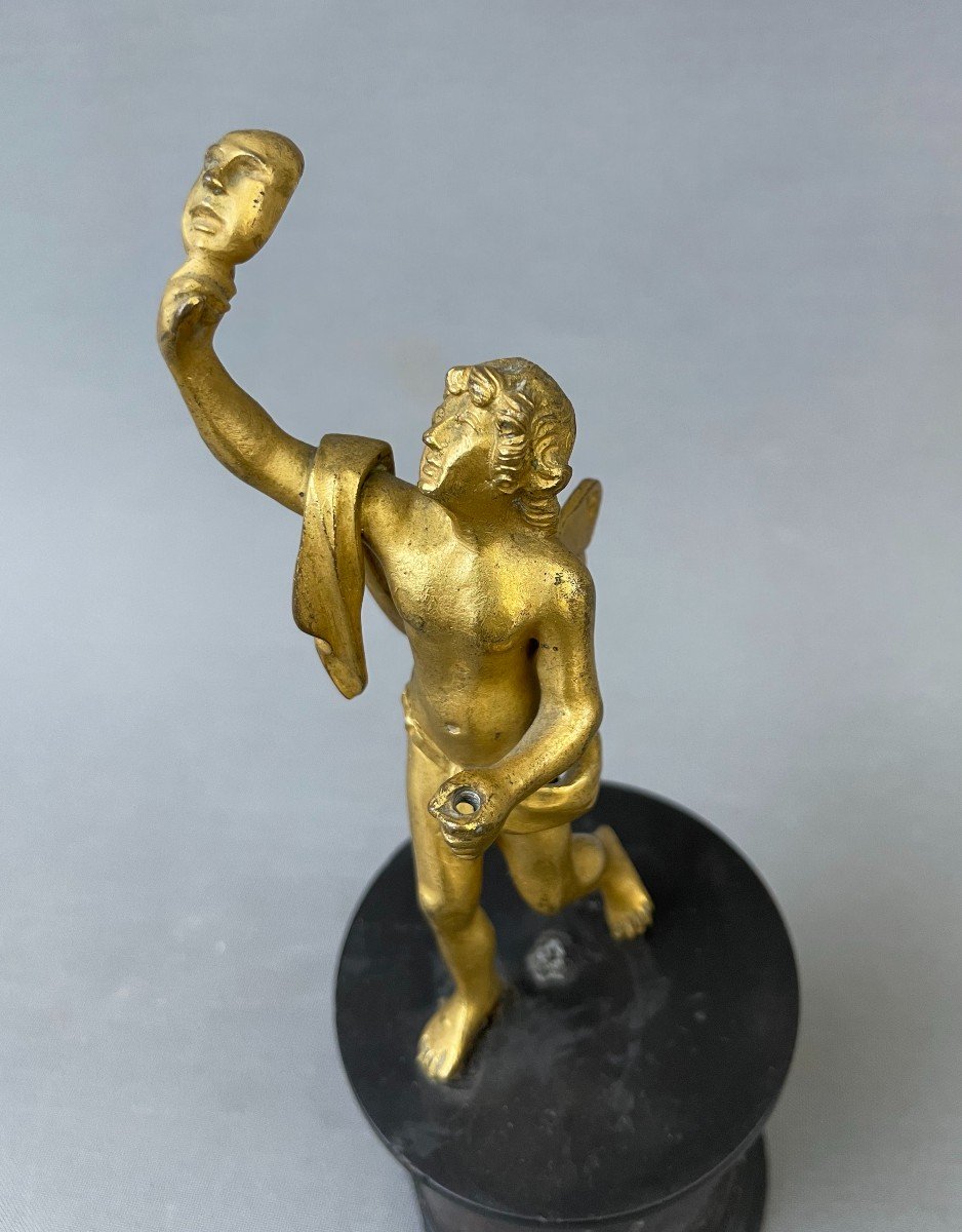 Putti Au Masque, Sujet En Bronze Doré Sur Socle En Marbre-photo-2