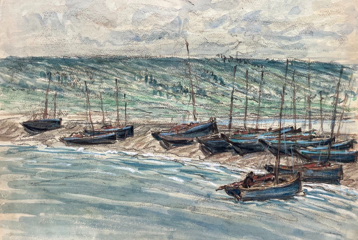 Bateaux à Arcachon, Dessin Aquarellé, Début XXe