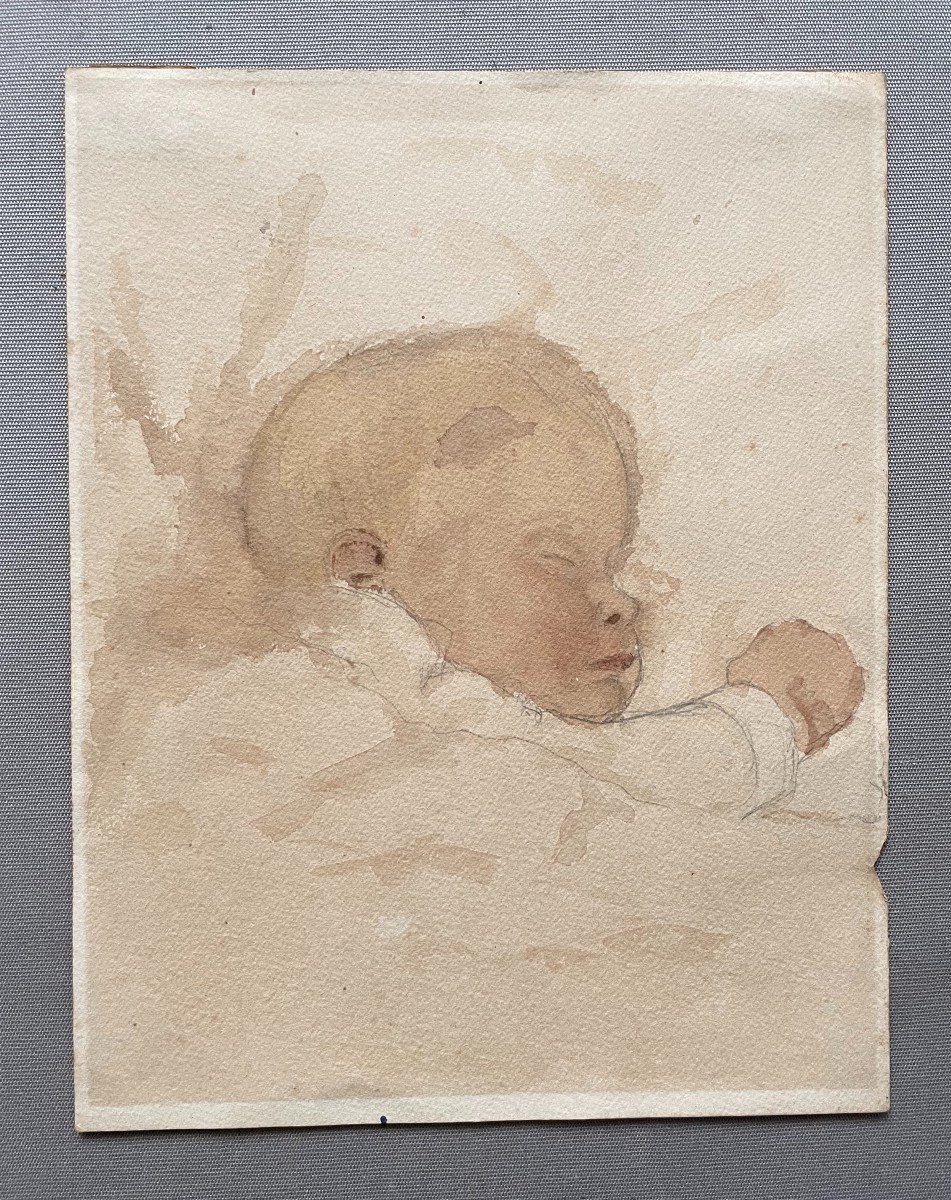 Enfant Endormi, Aquarelle Début XXe-photo-2