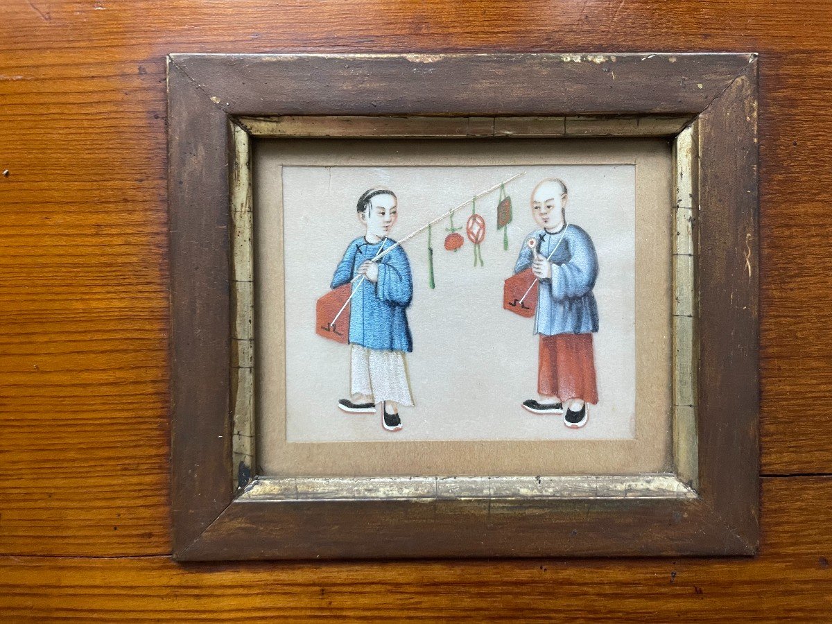 Four Small Gouaches In The Same Frame, Canton, China, 19th Century-photo-2