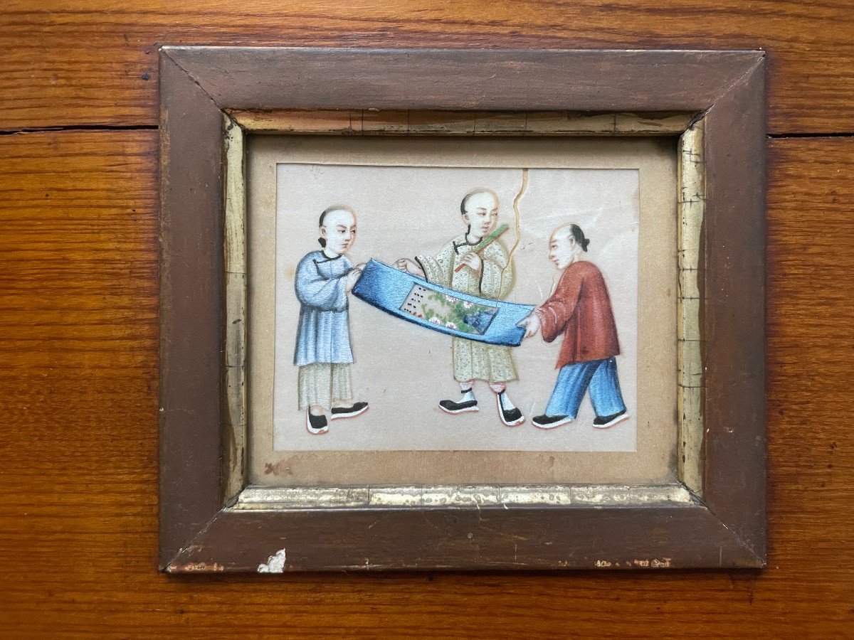 Four Small Gouaches In The Same Frame, Canton, China, 19th Century-photo-3