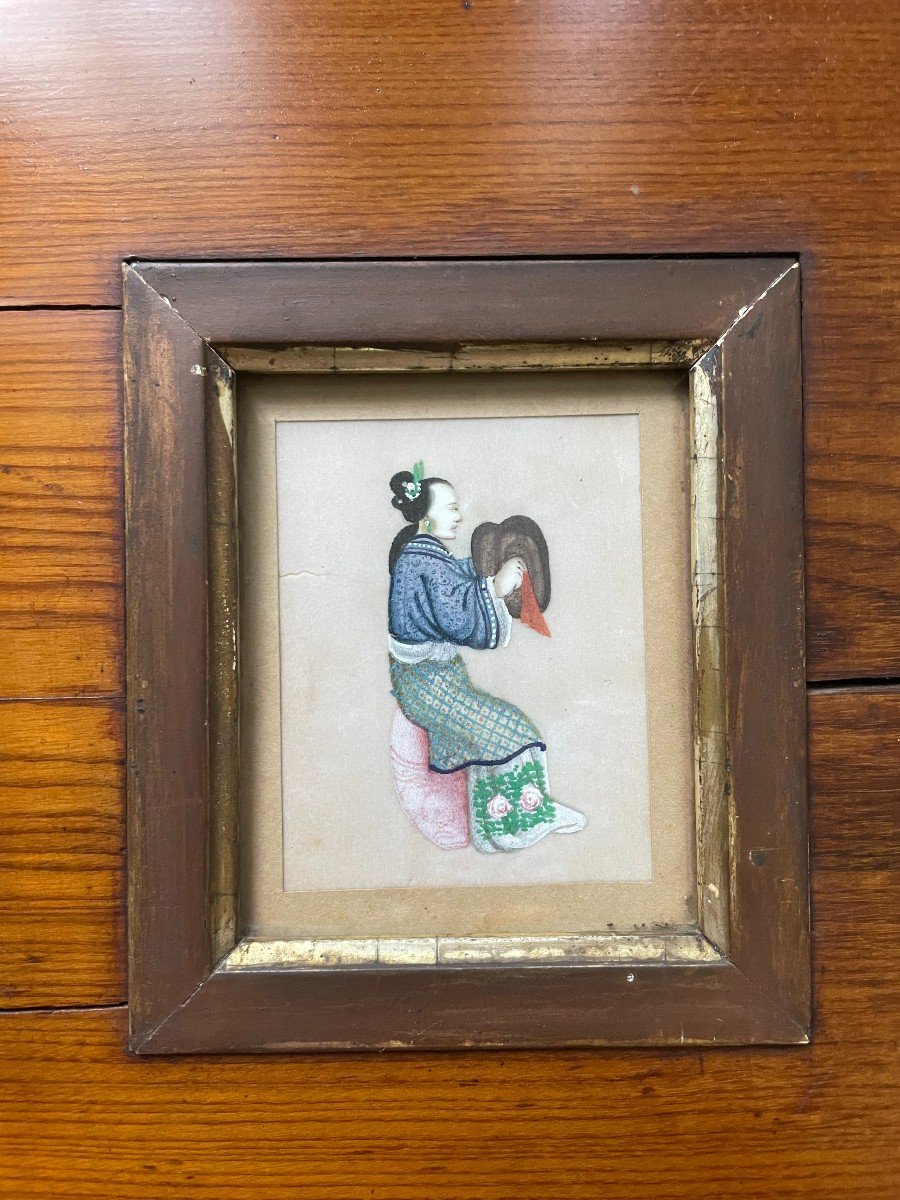 Four Small Gouaches In The Same Frame, Canton, China, 19th Century-photo-1