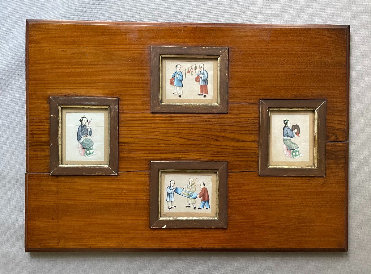 Four Small Gouaches In The Same Frame, Canton, China, 19th Century