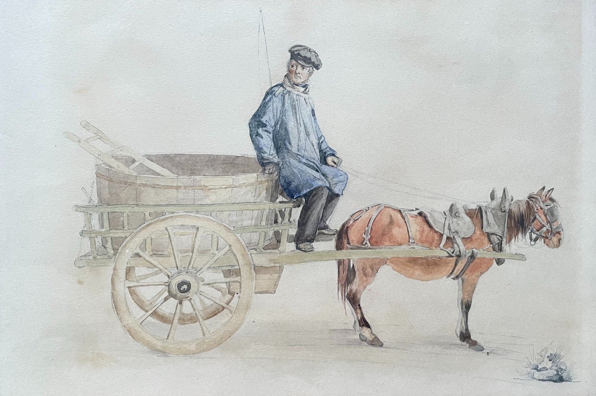 Peasant On His Cart, 19th Century Watercolor-photo-2