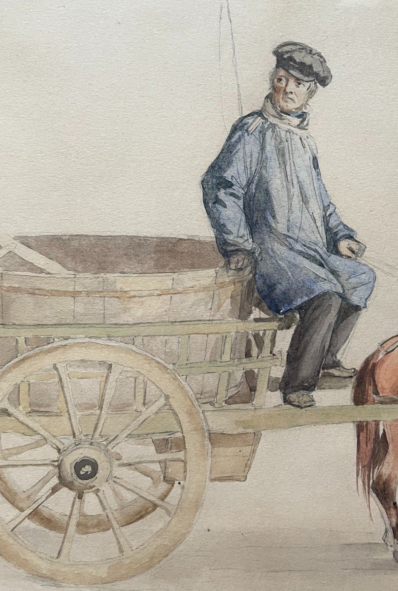 Peasant On His Cart, 19th Century Watercolor-photo-3