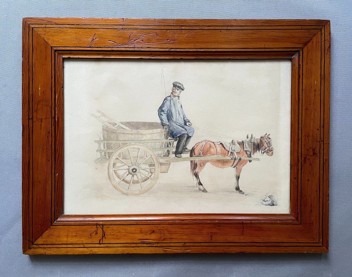 Peasant On His Cart, 19th Century Watercolor