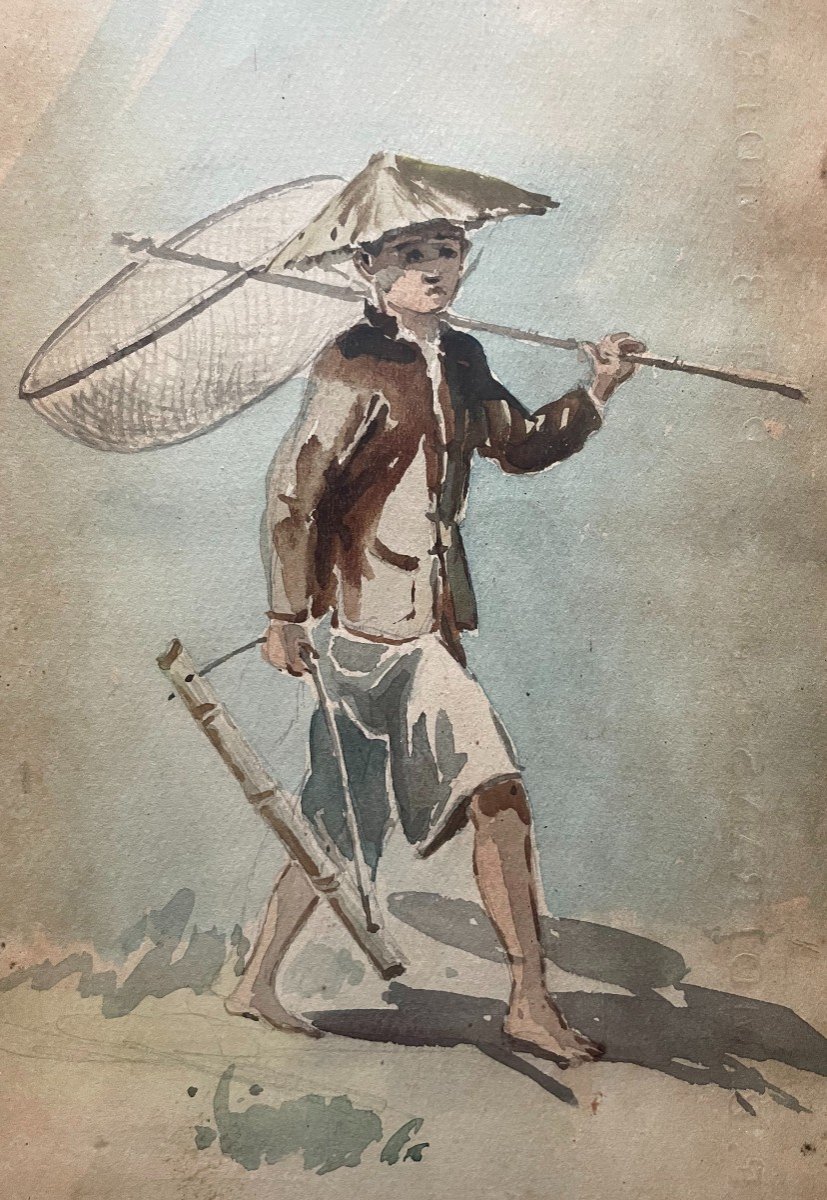 Young Vietnamese Fisherman, Watercolor Early 20th Century-photo-2