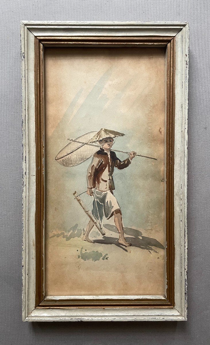 Young Vietnamese Fisherman, Watercolor Early 20th Century