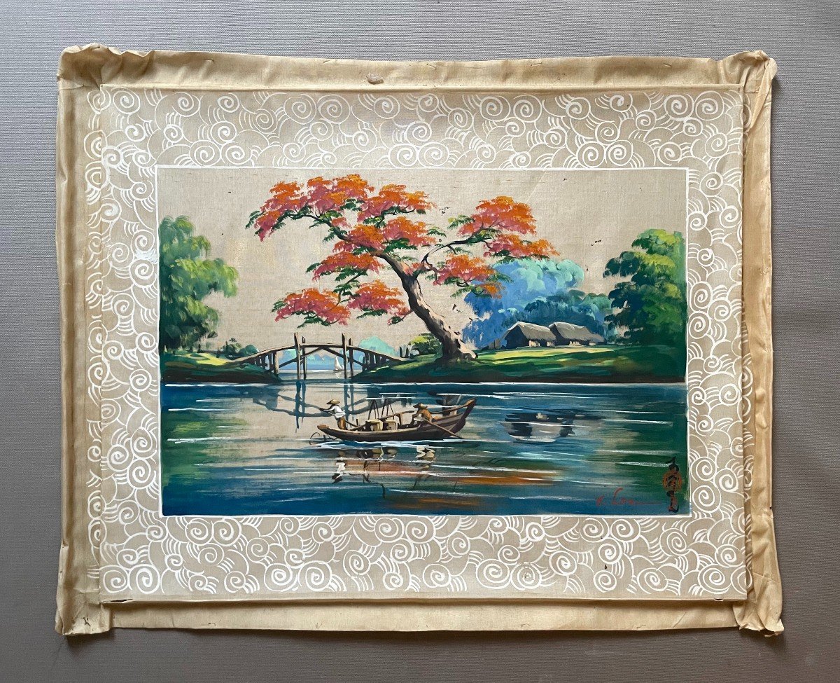 Fishing Scene, Painting On Silk Signed V. Loc, Indochinese School-photo-2